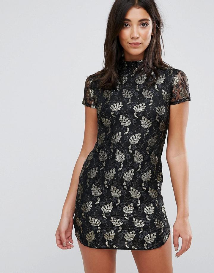 Ax Paris Lace Metallic Leaf Shift Dress - Black