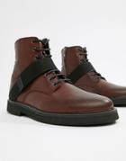 Asos Design Lace Up Boots In Burgundy Leather With Chunky Sole And Strap Detail - Red