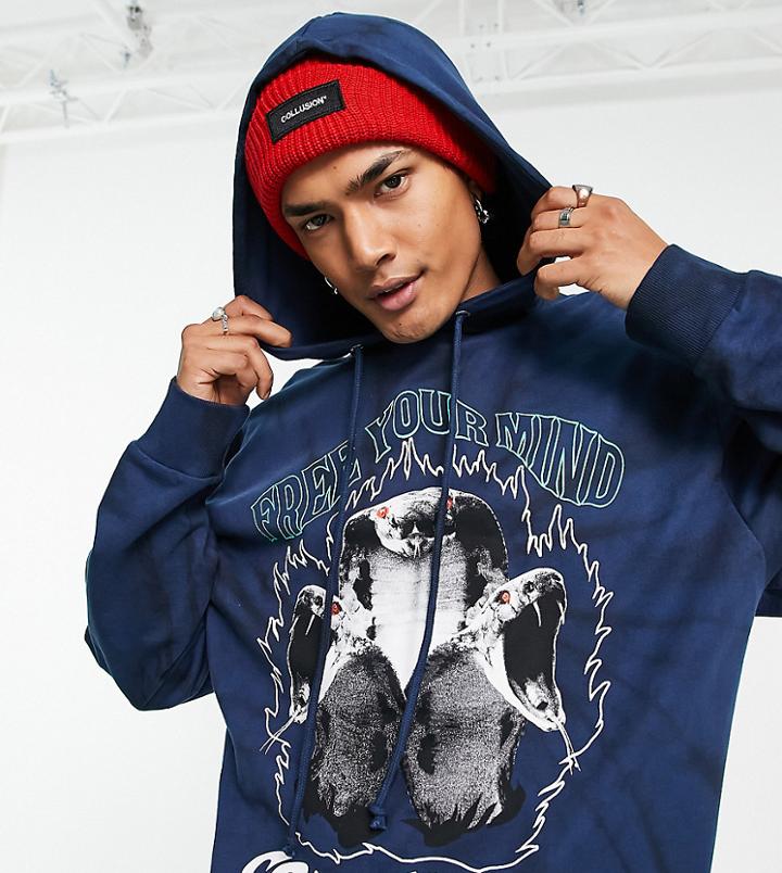 Collusion Hoodie With Snake Print In Dark Blue Tie Dye-blues