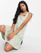 Asos Design Broderie Tie Strap Pep Hem Mini Dress In Sage-green