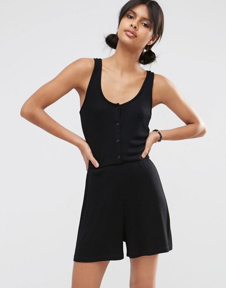 Asos Ribbed Button Through Lounge Playsuit - Black