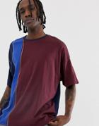 Asos Design Organic Oversized T-shirt With Contrast Stitching And Vertical Color Block - Red