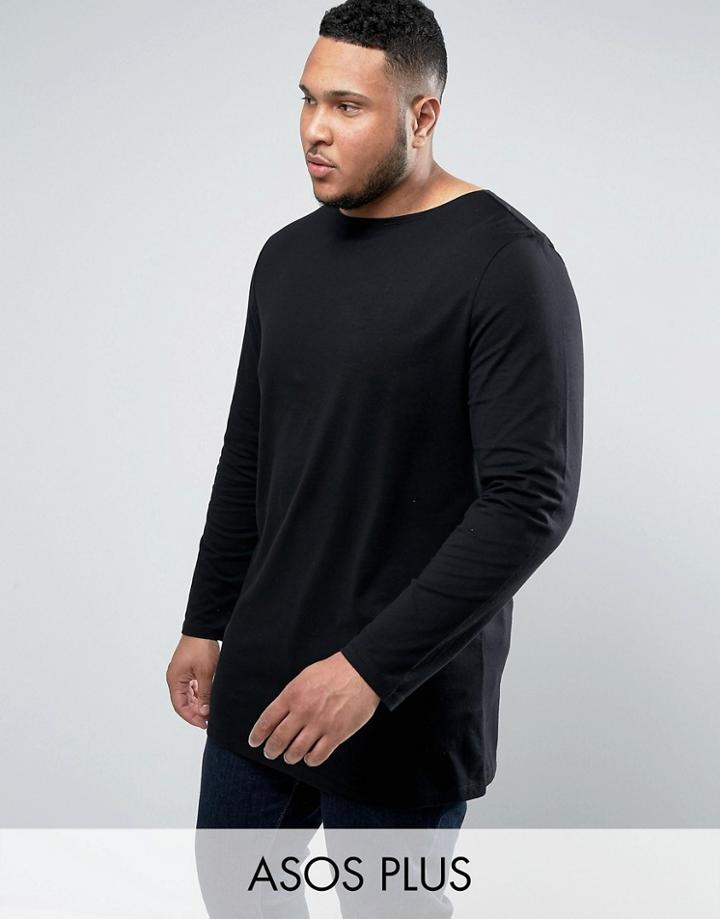 Asos Plus Super Longline Long Sleeve T-shirt With Boat Neck In Black - Black