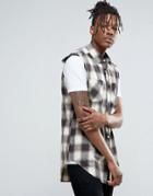 Asos Regular Fit Longline Sleeveless Check Shirt With Acid Wash In White - White