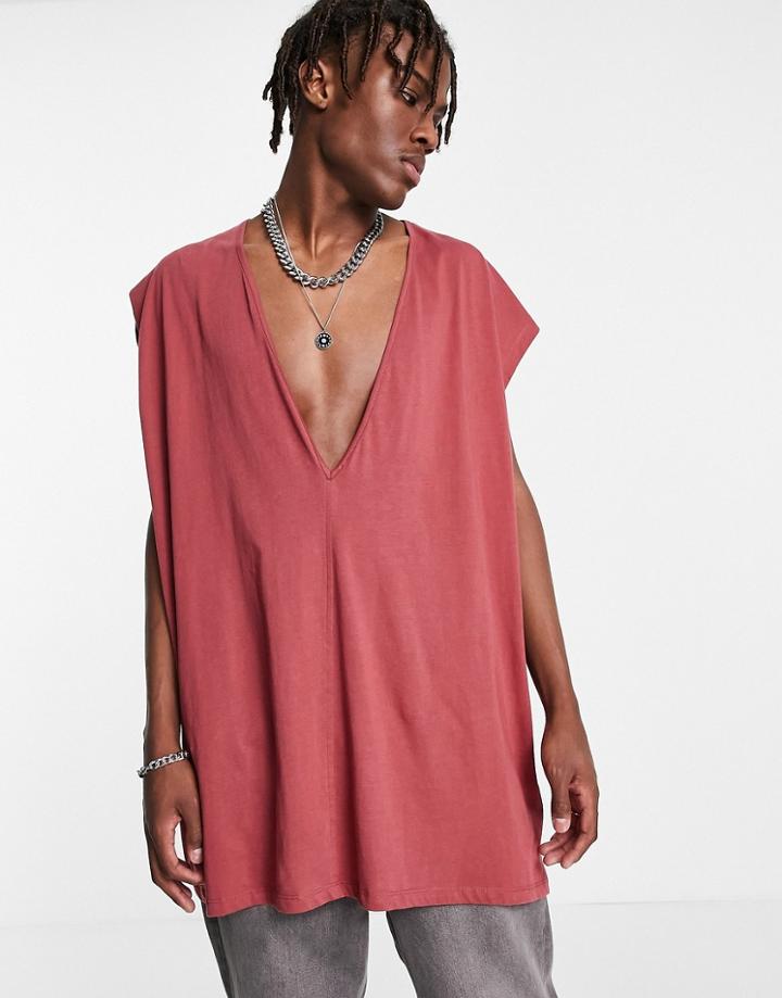 Asos Design Oversized Tank With Deep V Neck In Burgundy-red