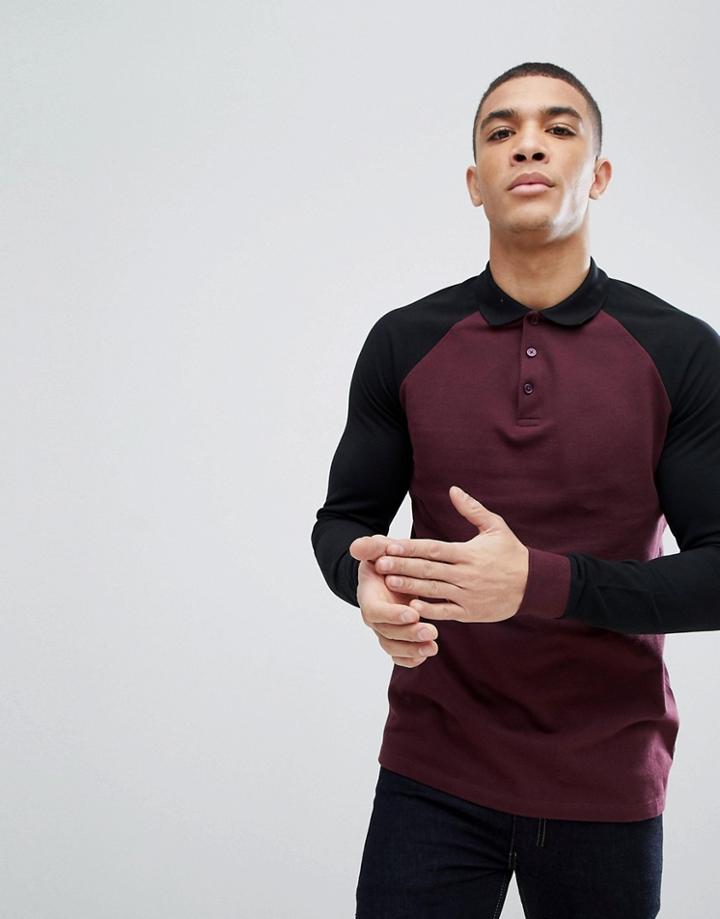 Asos Design Long Sleeve Pique Polo With Contrast Raglan - Multi