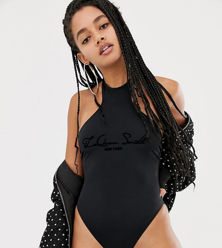 Asos Design X Laquan Smith Halterneck Swimsuit With Flock Logo - Black
