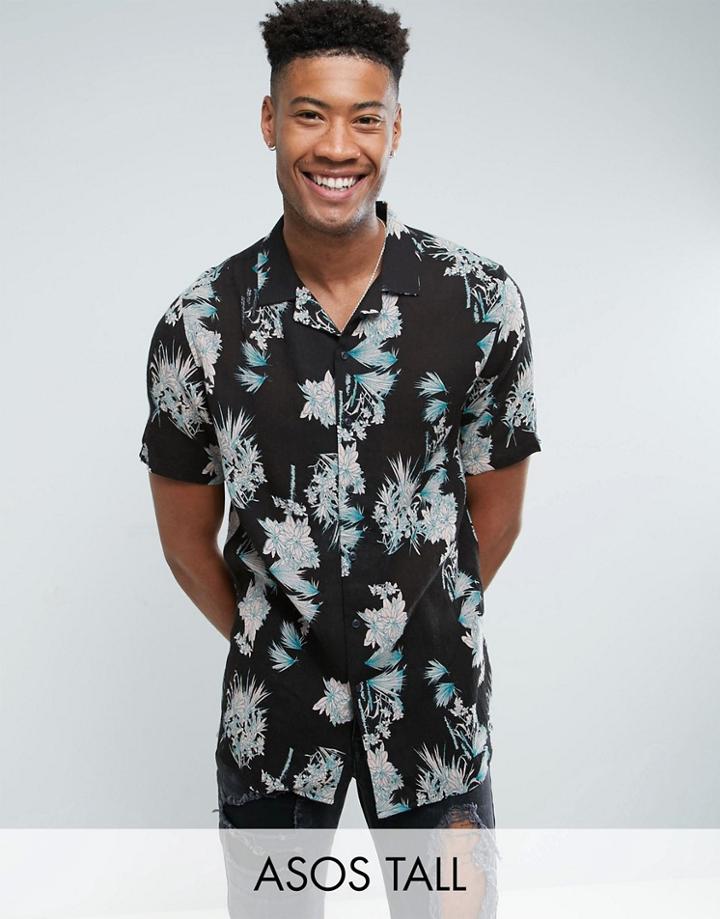 Asos Tall Regular Fit Viscose Floral Print Shirt With Revere Collar - Black