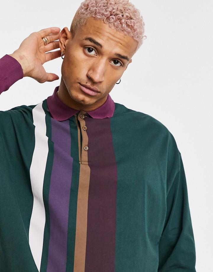Asos Design Oversized Long Sleeve Striped Rugby Polo Shirt-multi