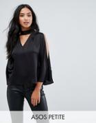 Asos Petite Cold Shoulder Satin Swing Top With Deep Plunge And Choker Detail - Black