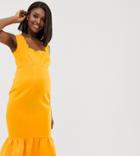 Asos Design Maternity Square Neck Scallop Pephem Midi Dress-yellow