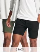 Asos Design 2 Pack Slim Chino Shorts In Dark Khaki And Black Save-multi