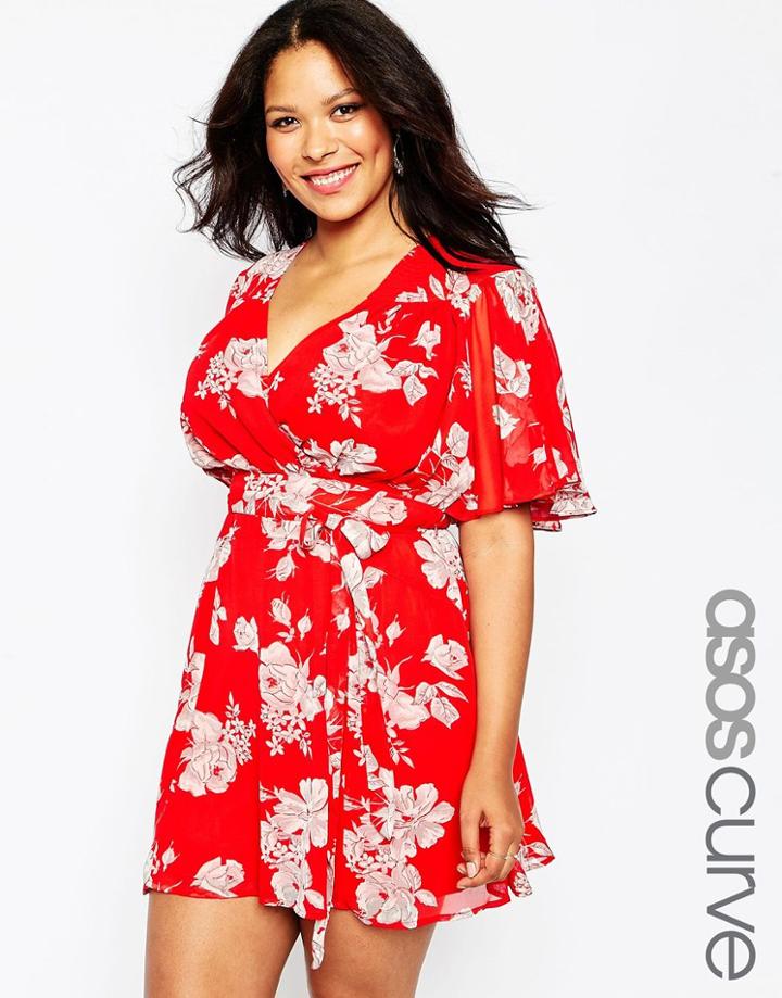 Asos Curve Skater Dress With Flutter Sleeve In Floral Print - Multi