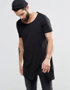 Asos Super Longline T-shirt With Split Hem With Raw Finish And Scoop Neck In Black - Black