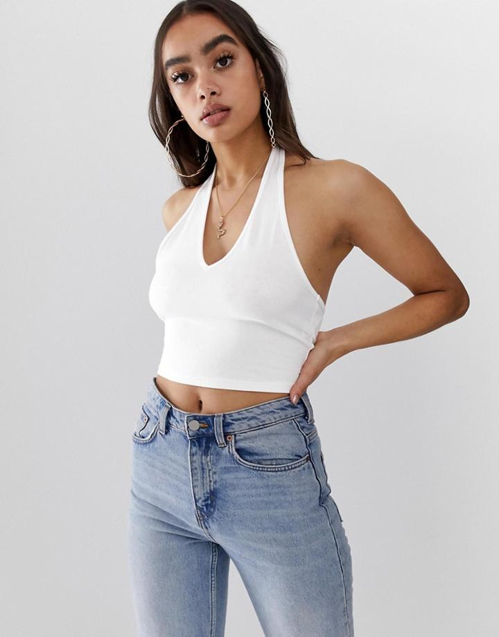 Asos Design Crop Top With Halter Neck In White - White