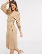 Asos Design Wrap Midi Dress In Camel-neutral