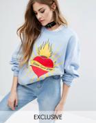Reclaimed Vintage X Romeo And Juliet Sweater With Flaming Heart Print - Blue