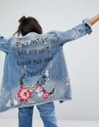 Bershka Create Your Own Future Longline Denim Jacket - Blue