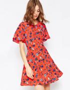 Asos Printed Tea Dress In Floral - Red Print