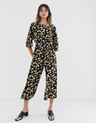 Asos Design Tie Waist Jumpsuit In Yellow Ditsy Floral Print - Multi
