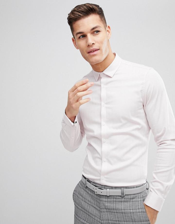 Asos Design Wedding Slim Herringbone Shirt With Double Cuff In Pink - White