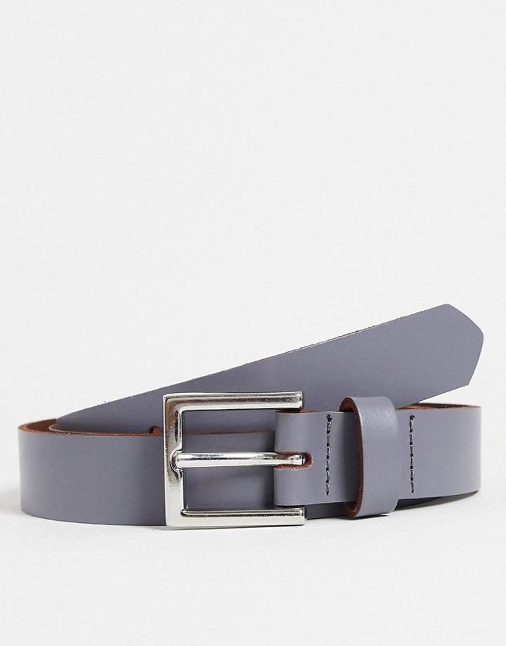 Asos Design Leather Skinny Belt In Charcoal-gray