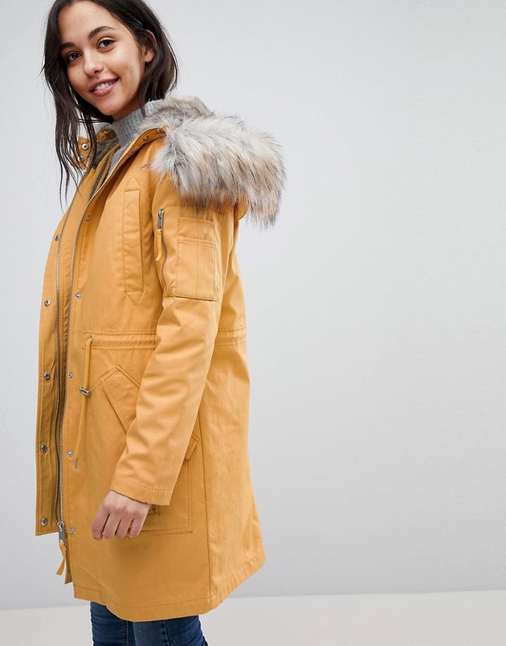 Asos Parka With Detachable Faux Fur Liner - Stone