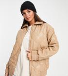 Asos Design Tall Leather Look Quilted Bomber Jacket In Camel-neutral