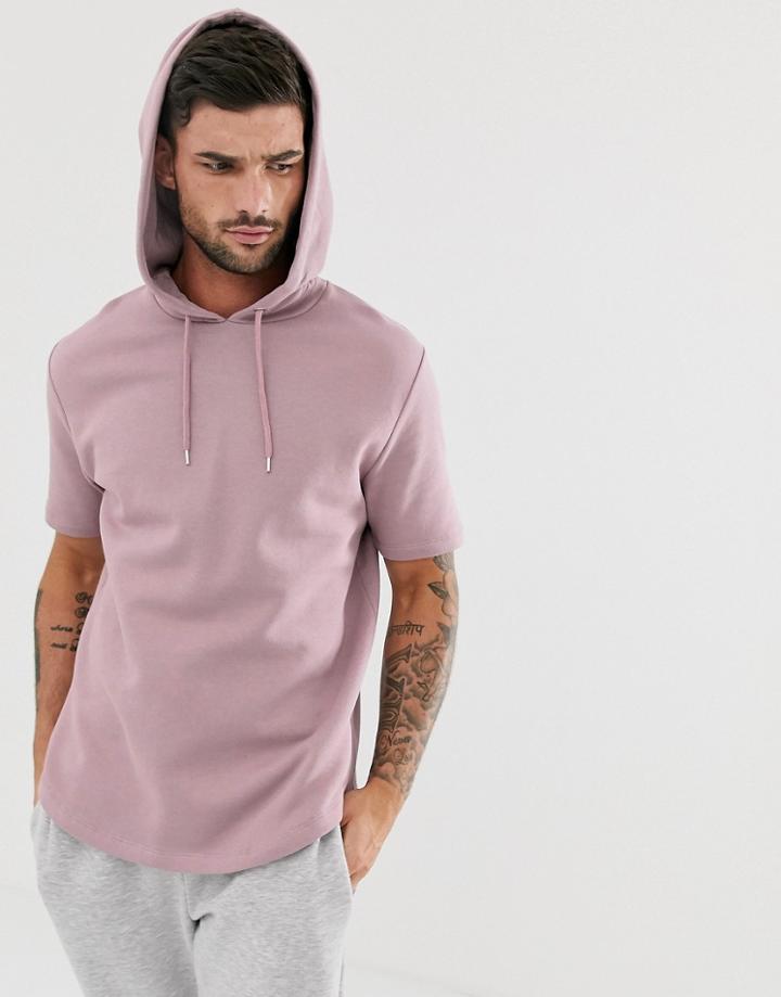 Asos Design Short Sleeve Hoodie With Curved Hem In Dusty Purple-pink