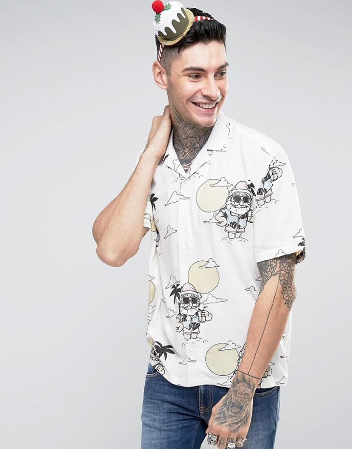 Asos Regular Fit Holidays Viscose Shirt With Beachside Santa - White