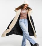 Asos Design Petite Sherpa Collared Belted Maxi Puffer Jacket In Black