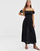 Asos Design Off Shoulder Crinkle Maxi Dress-black