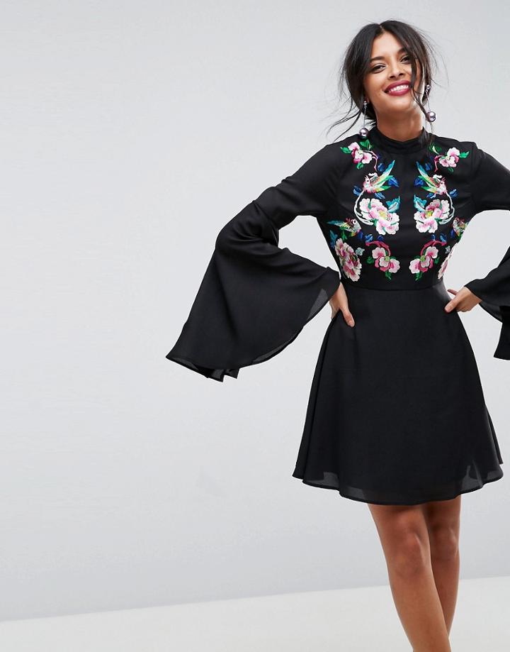Asos Dramatic Sleeve Embroidered Mini Dress - Green