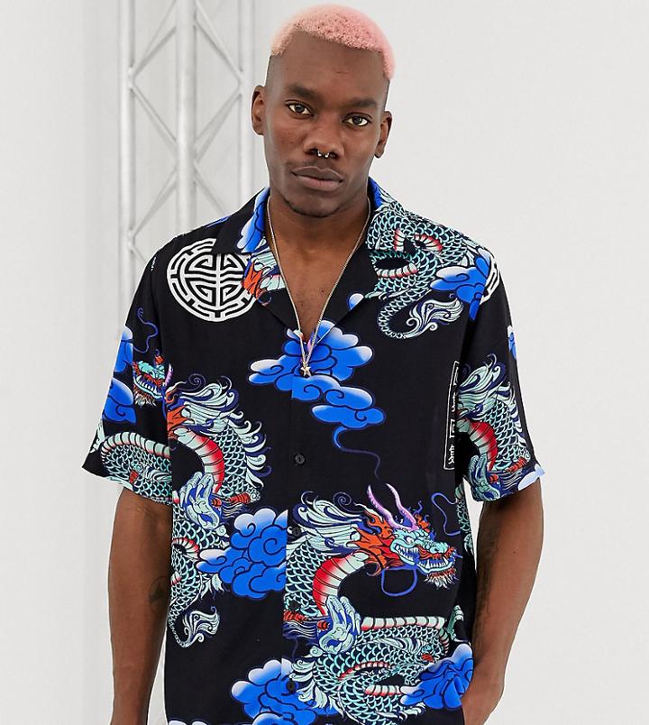 Reclaimed Vintage Inspired Dragon Print Revere Shirt-black