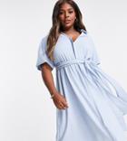 Asos Design Curve Wrap Shirt Midi Skater Dress With Self Belt In Light Blue-blues
