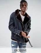 Mennace Faux Suede Aviator Jacket In Gray With Faux Fur Lining - Brown
