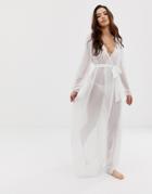 Asos Design Long Sleeve Wrap Tie Chiffon Maxi Beach Kimono In White - White