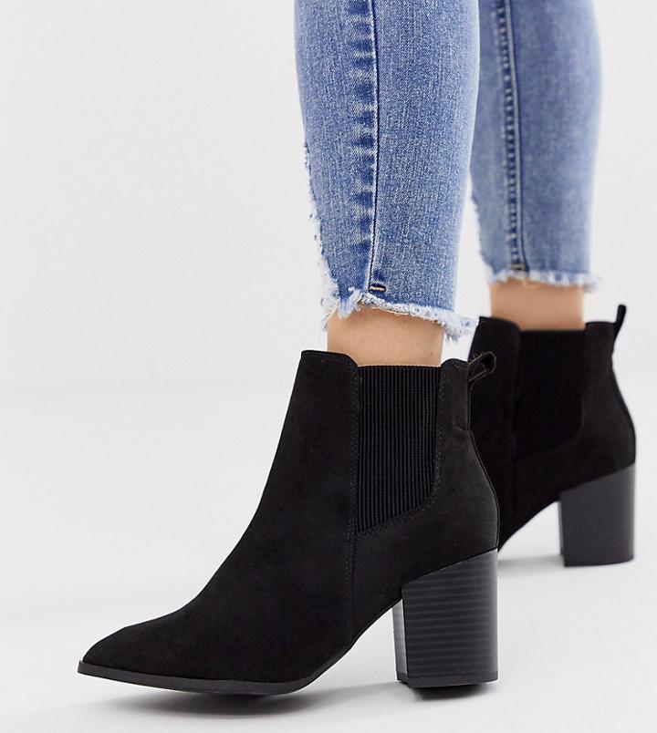 New Look Wide Fit Faux Suede Heeled Chelsea Boots In Black