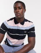Fred Perry Striped Polo In Navy With Pink