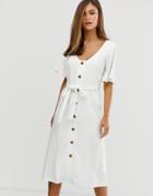 Asos Design Midi Belted Button Through Textured Tea Dress-white