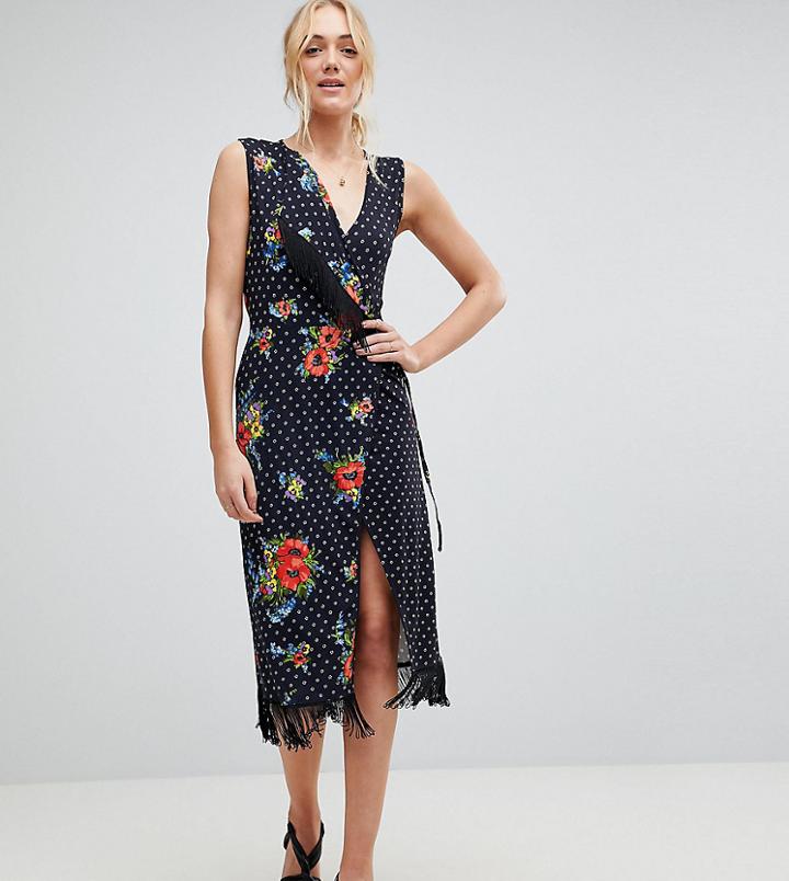 Asos Tall Wrap Dress With Fringe In Mixed Floral - Multi