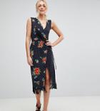Asos Tall Wrap Dress With Fringe In Mixed Floral - Multi