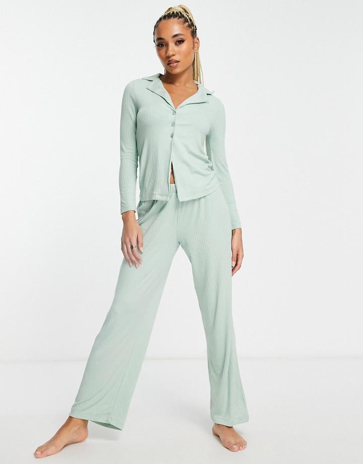 Asos Design Lounge Rib Shirt & Pants Set In Green