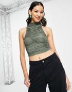 Pull & Bear Drape Detail High Neck Top In Green