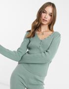 Asos Design Co-ord Long Sleeve Rib Sweater With Button Detail In Sage-green