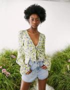 Asos Design V Neck Long Sleeve Blouse With Ruched Front In Yellow Floral-multi