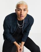 Asos Design Smart Crepe Check Harrington Jacket In Teal - Part Of A Set-blues