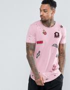 Black Kaviar Longline T-shirt With Distressing And Patches - Pink