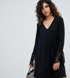 Asos Design Tall V Neck Swing Dress With Flared Lace Cuffs - Black