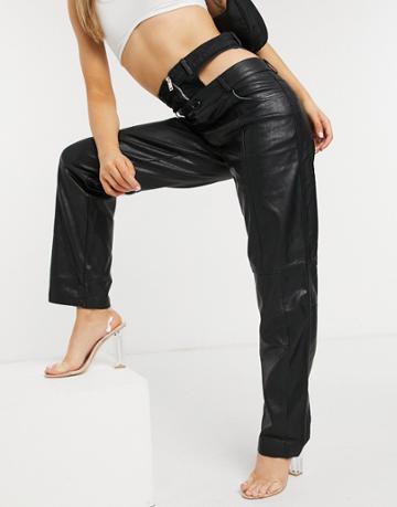 The Kript Straight Leg Pants In Faux Leather With Zip Waist Detail-black